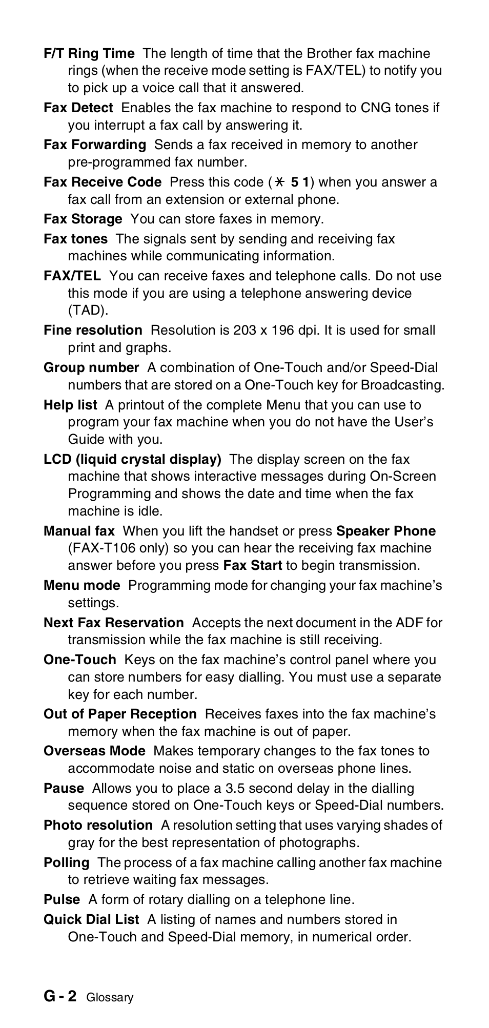 G - 2 | Brother FAX-T106 User Manual | Page 110 / 119