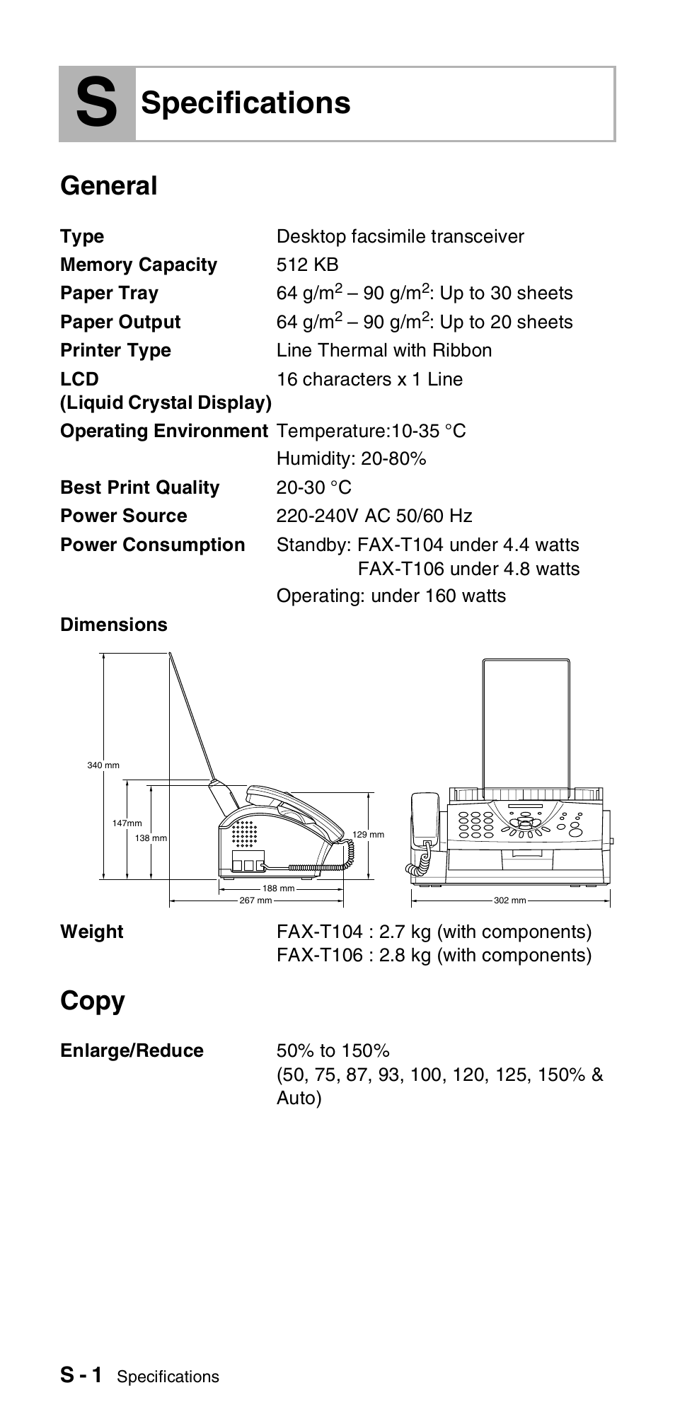 Specifications, General, Copy | General copy, S - 1 | Brother FAX-T106 User Manual | Page 112 / 119