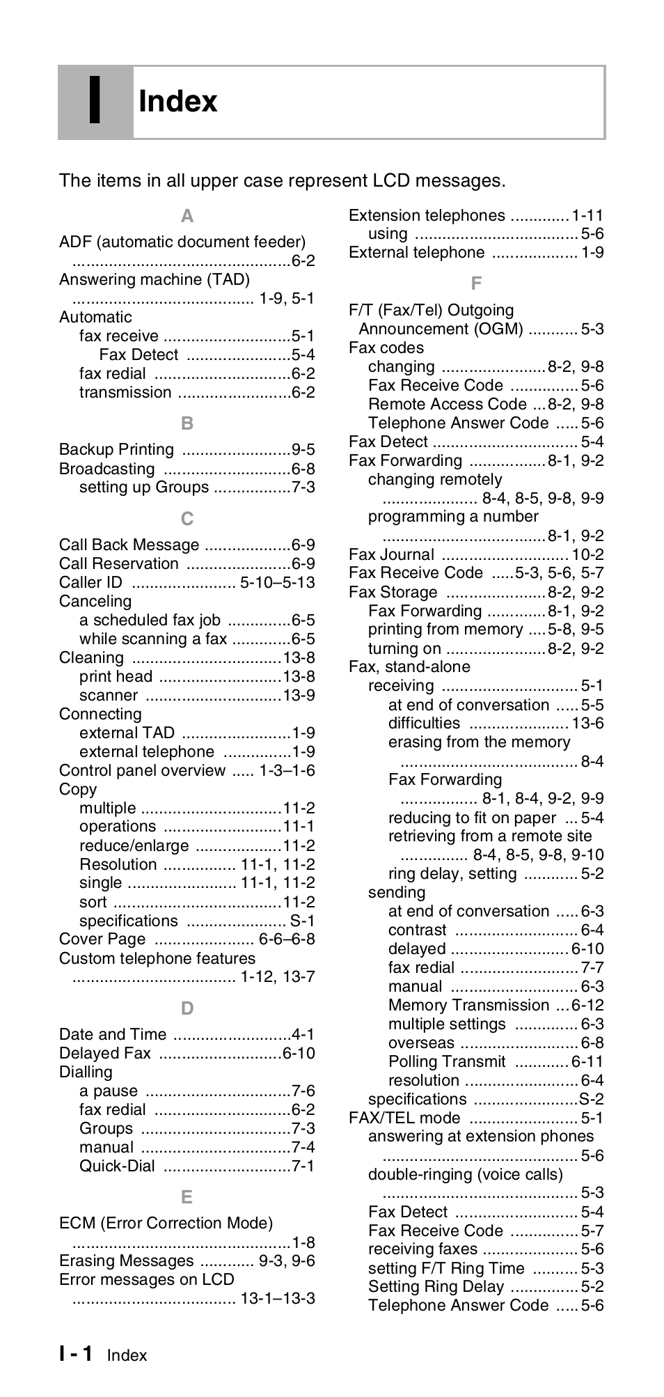 Index, I - 1 | Brother FAX-T106 User Manual | Page 114 / 119