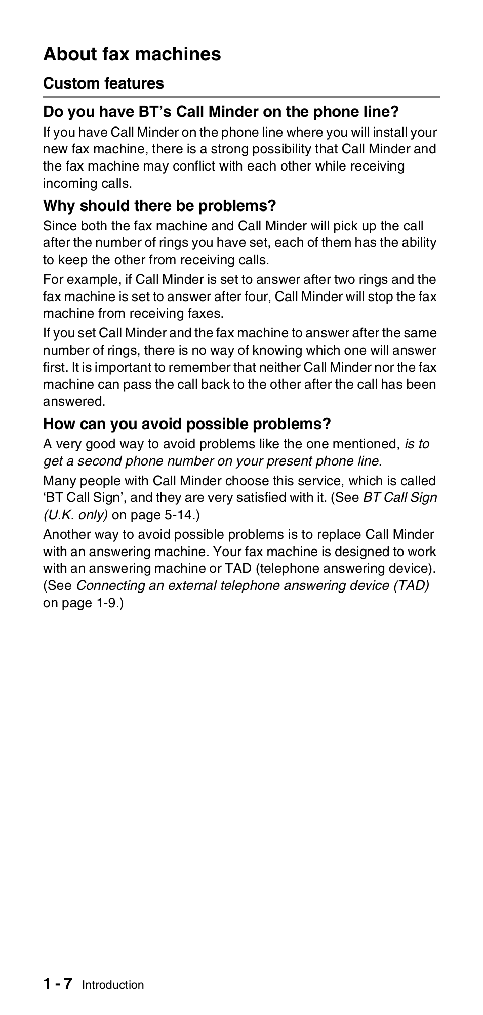 About fax machines, Custom features, About fax machines -7 | Custom features -7 | Brother FAX-T106 User Manual | Page 20 / 119