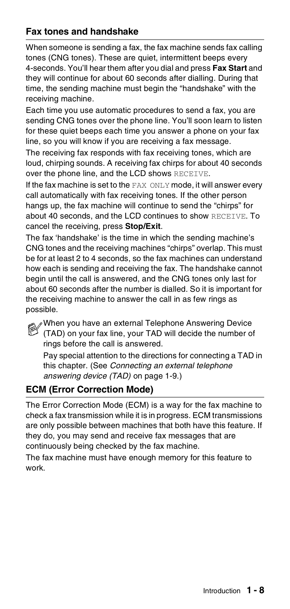 Fax tones and handshake, Ecm (error correction mode) | Brother FAX-T106 User Manual | Page 21 / 119