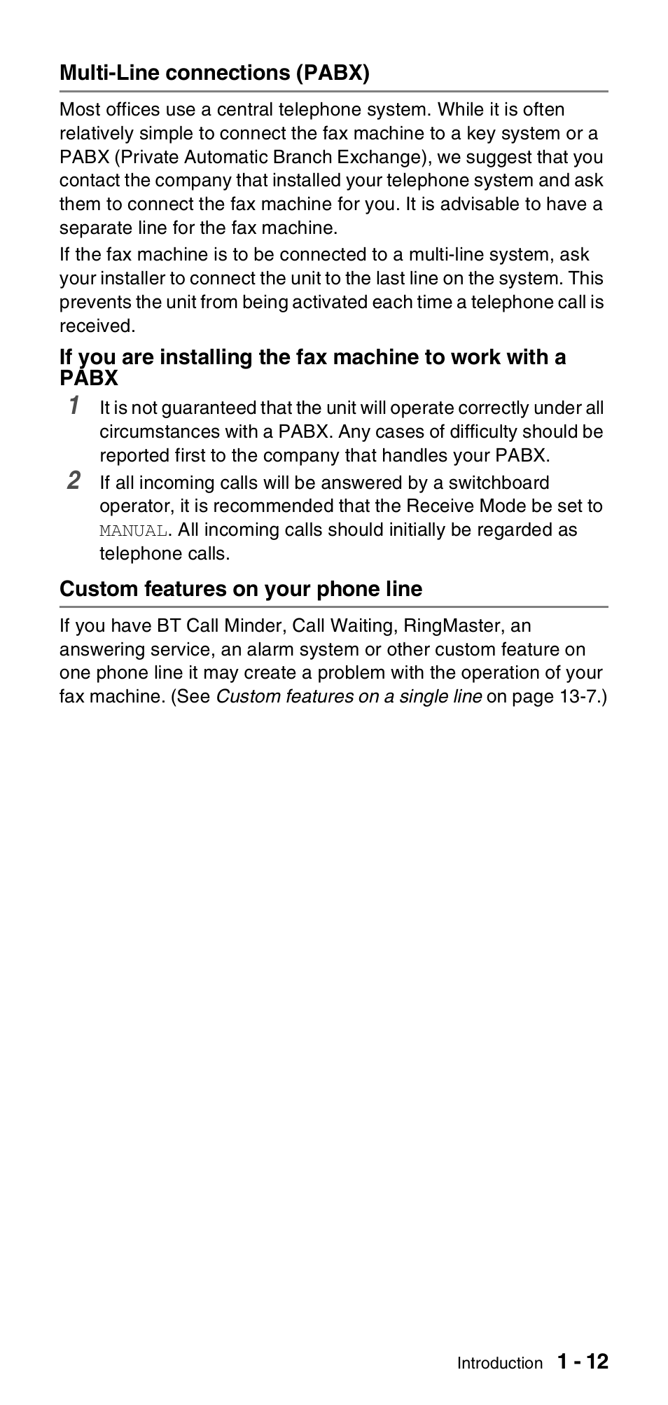 Multi-line connections (pabx), Custom features on your phone line | Brother FAX-T106 User Manual | Page 25 / 119