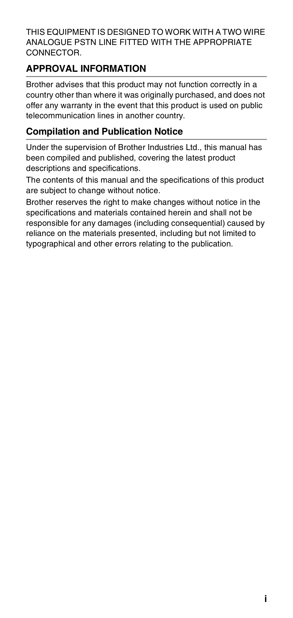 Approval information, Compilation and publication notice | Brother FAX-T106 User Manual | Page 3 / 119