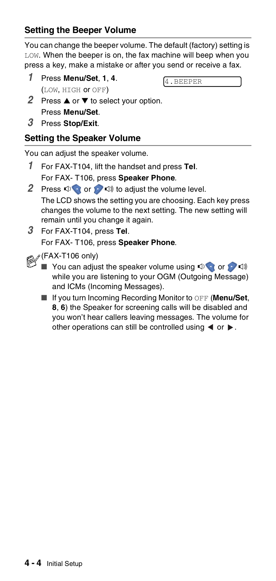 Setting the beeper volume, Setting the speaker volume | Brother FAX-T106 User Manual | Page 38 / 119