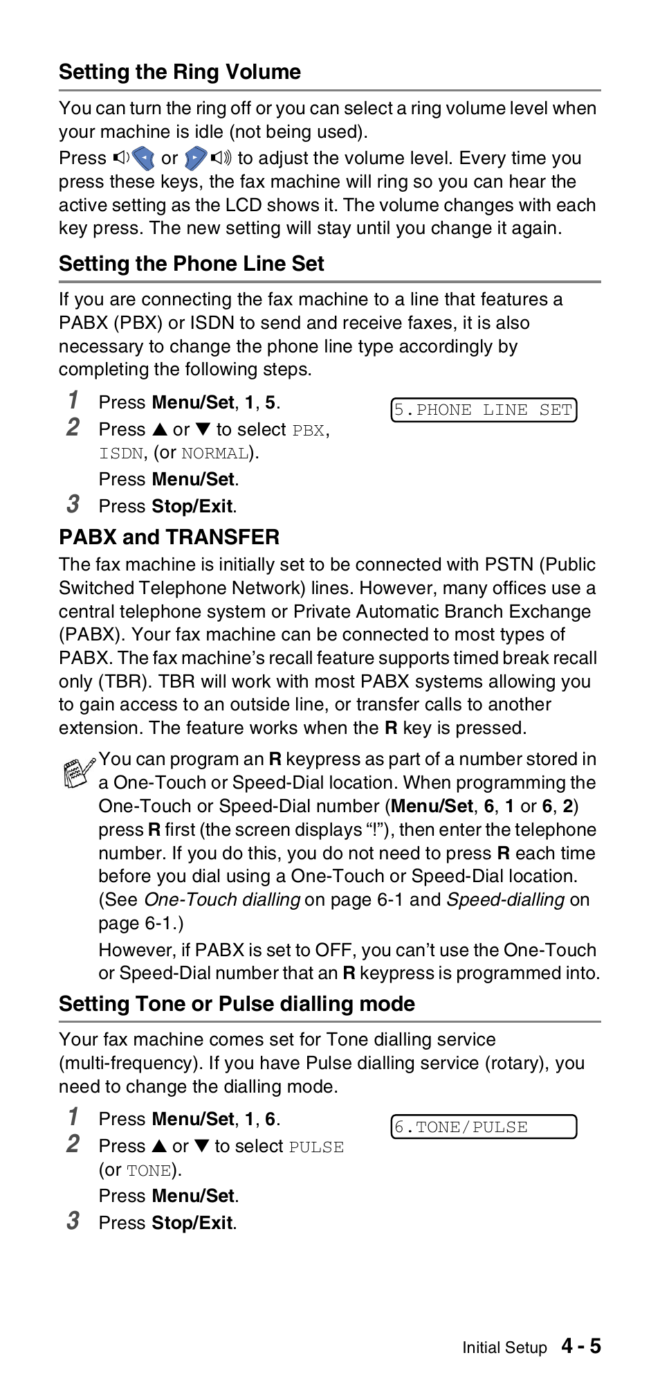 Setting the ring volume, Setting the phone line set, Setting tone or pulse dialling mode | Brother FAX-T106 User Manual | Page 39 / 119