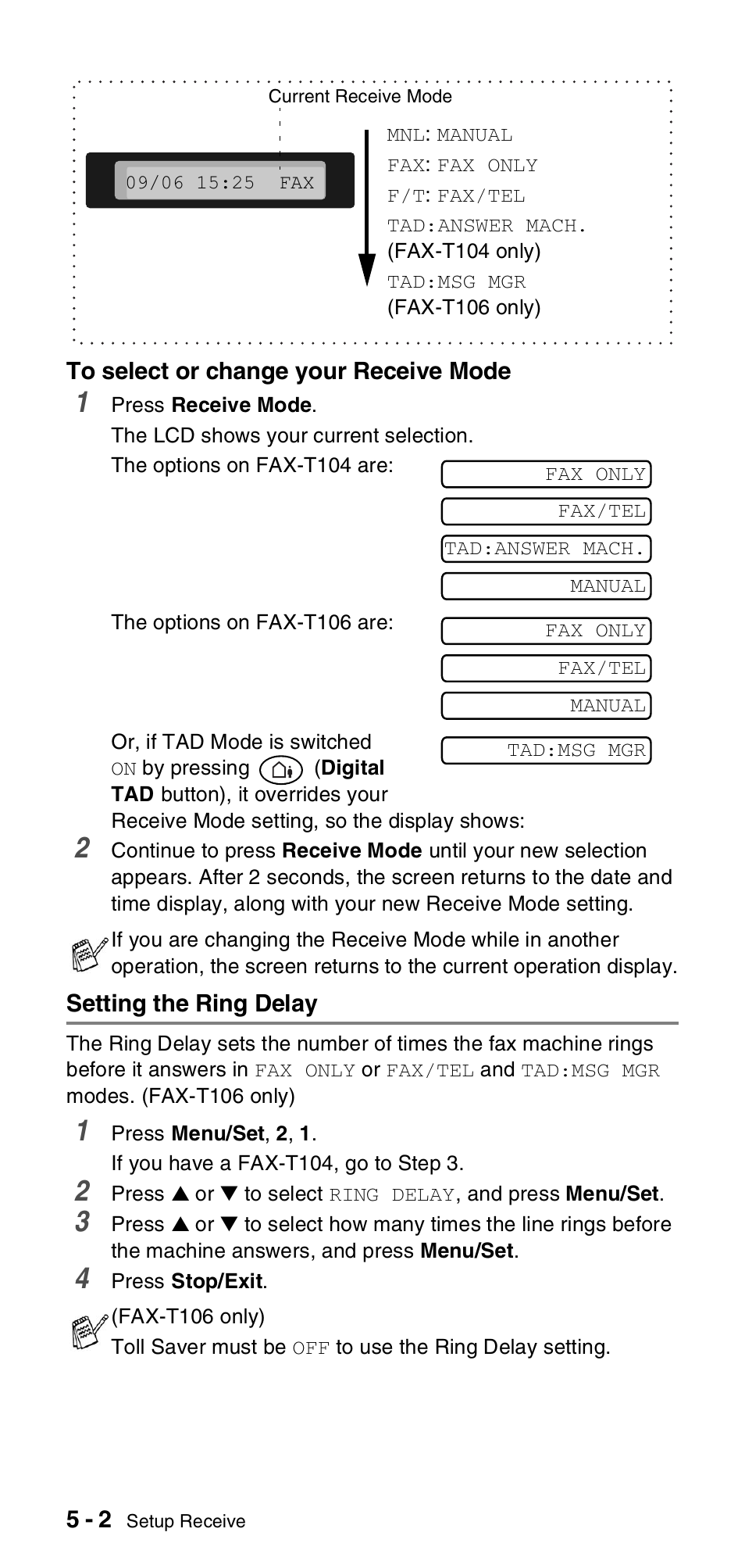 Setting the ring delay, Setting the ring delay -2 | Brother FAX-T106 User Manual | Page 42 / 119