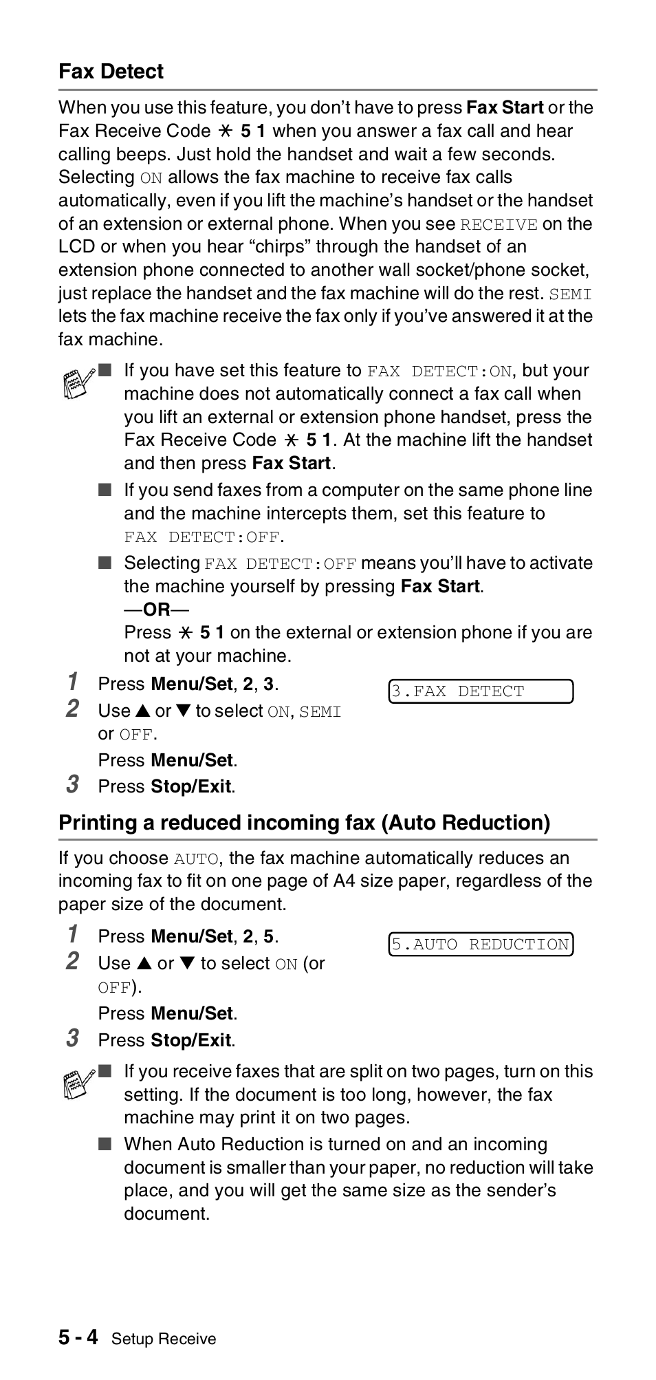 Fax detect, Printing a reduced incoming fax (auto reduction) | Brother FAX-T106 User Manual | Page 44 / 119