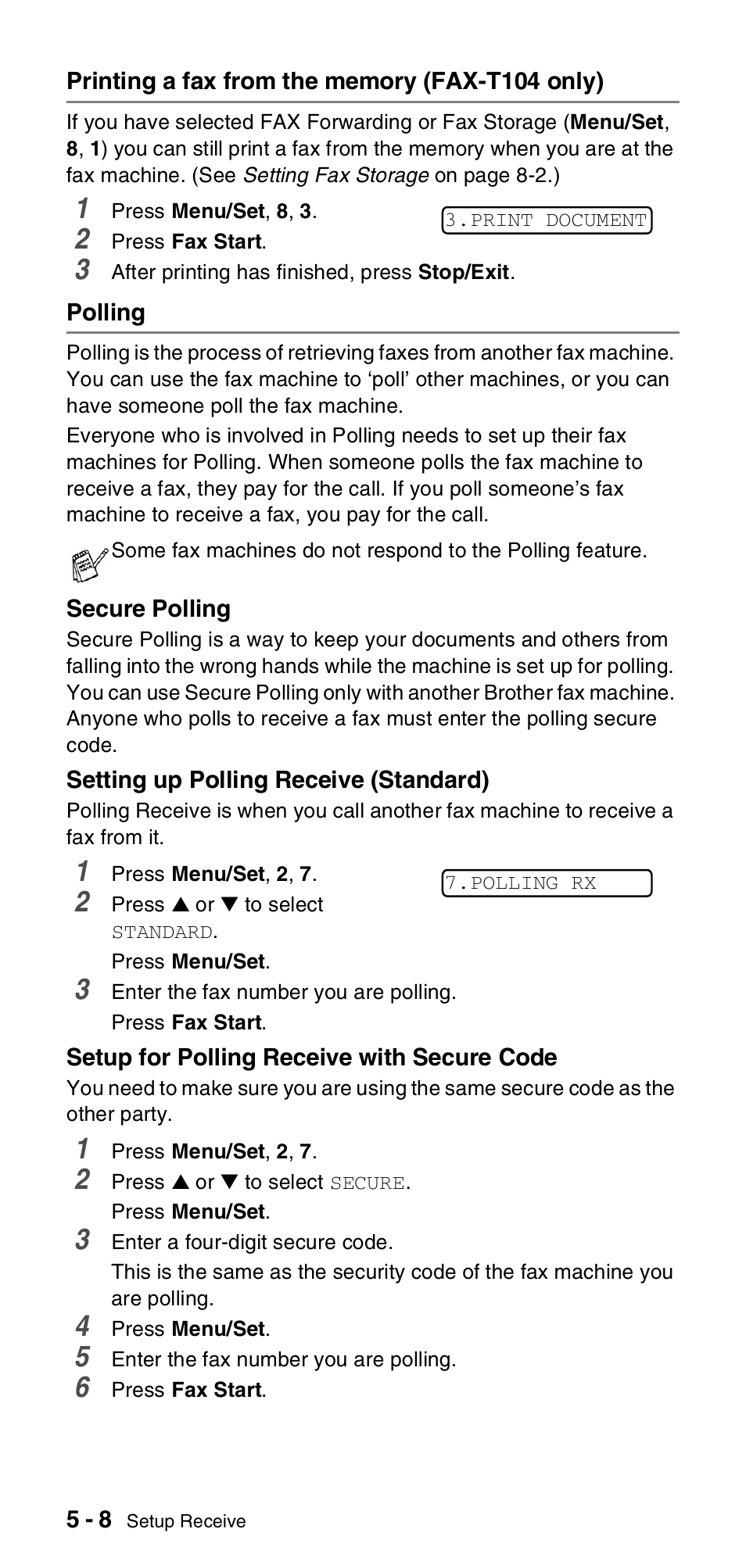 Printing a fax from the memory (fax-t104 only), Polling | Brother FAX-T106 User Manual | Page 48 / 119