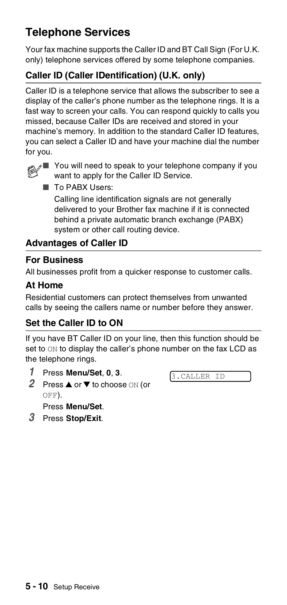 Telephone services, Caller id (caller identification) (u.k. only), Advantages of caller id | Set the caller id to on, Telephone services -10 | Brother FAX-T106 User Manual | Page 50 / 119