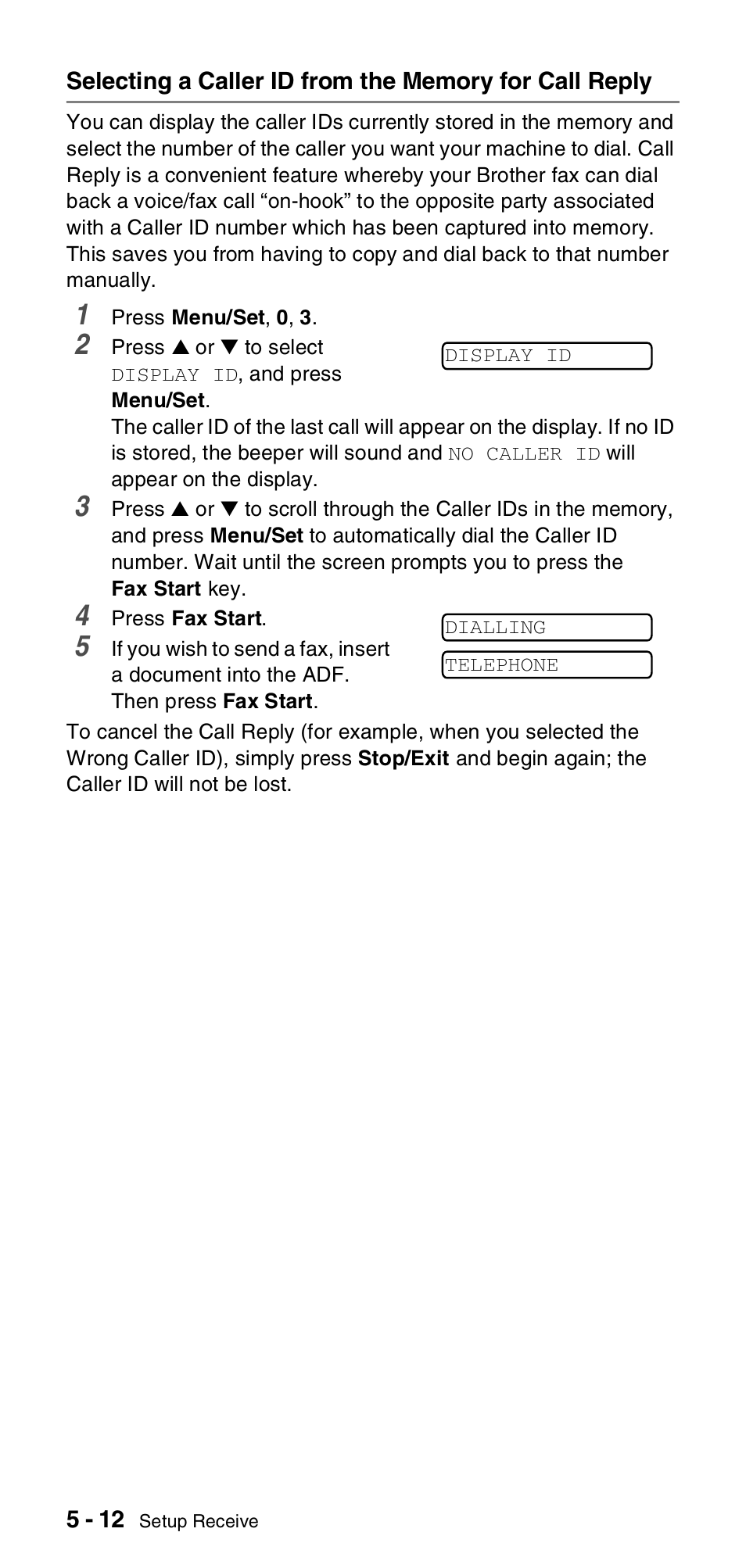 Selecting a caller id from the memory for, Call reply -12 | Brother FAX-T106 User Manual | Page 52 / 119