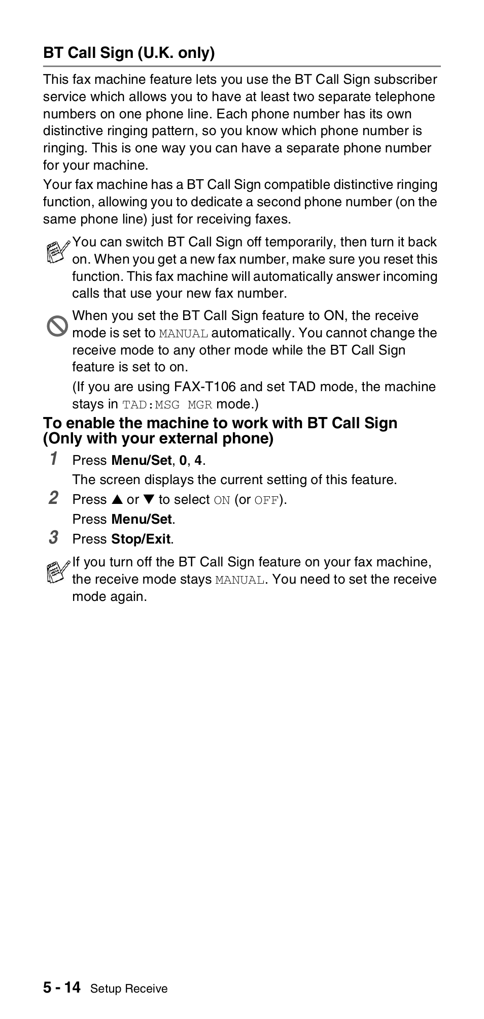 Bt call sign (u.k. only), Bt call sign (u.k. only) -14 | Brother FAX-T106 User Manual | Page 54 / 119