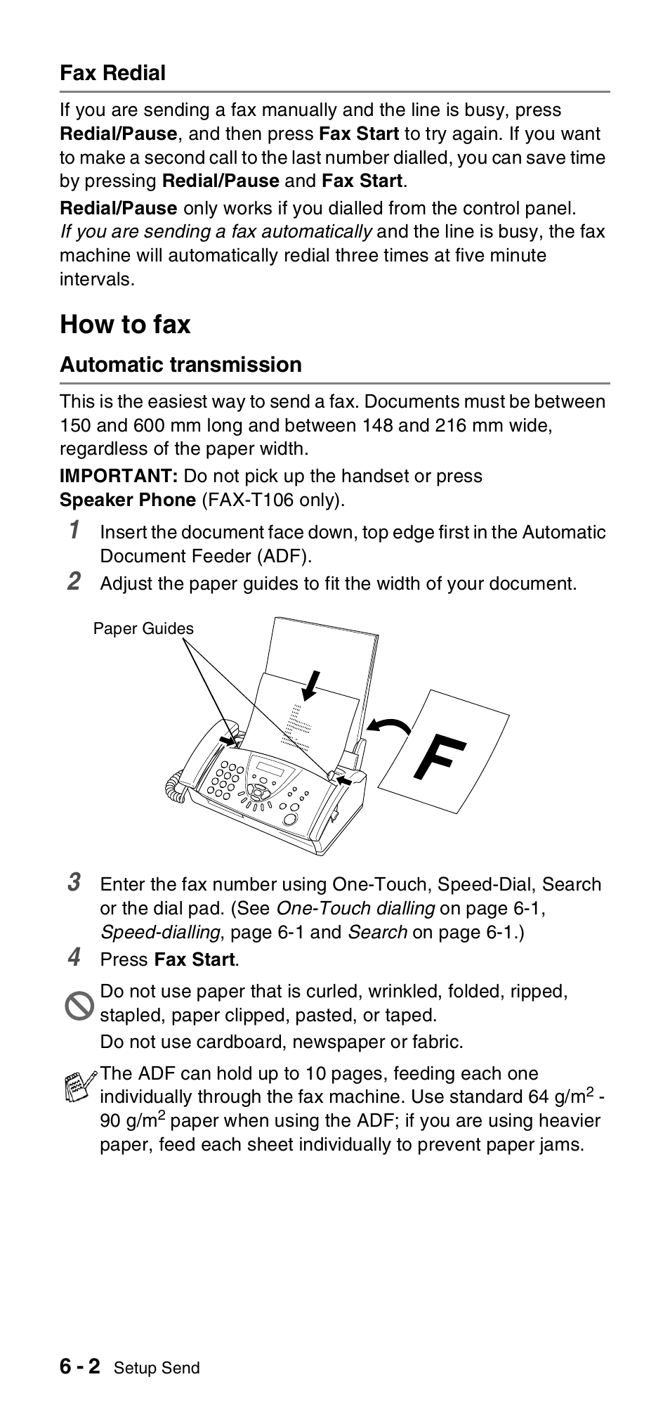 Fax redial, How to fax, Automatic transmission | Fax redial -2, How to fax -2, Automatic transmission -2 | Brother FAX-T106 User Manual | Page 56 / 119