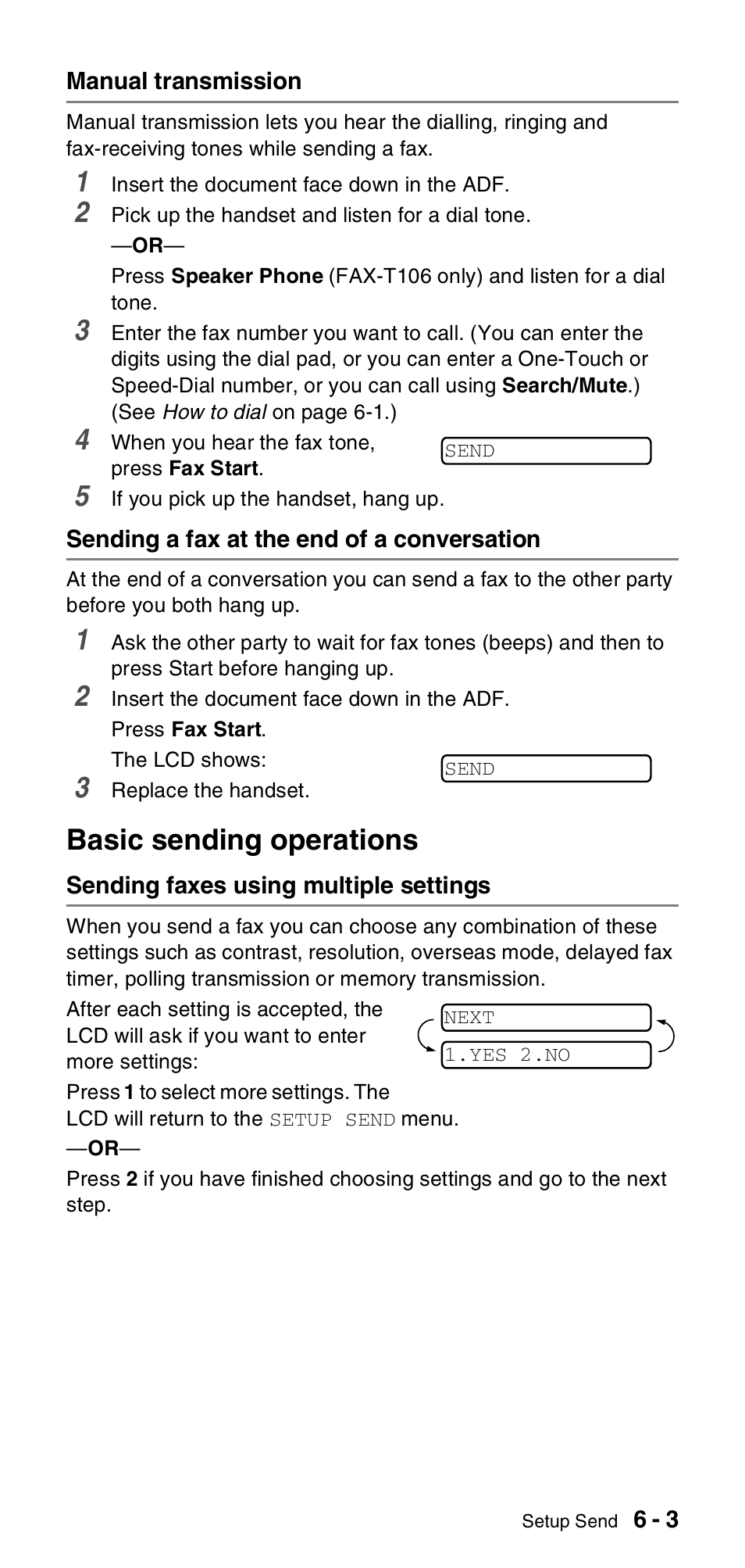 Manual transmission, Sending a fax at the end of a conversation, Basic sending operations | Sending faxes using multiple settings, Basic sending operations -3, Sending faxes using multiple settings -3 | Brother FAX-T106 User Manual | Page 57 / 119