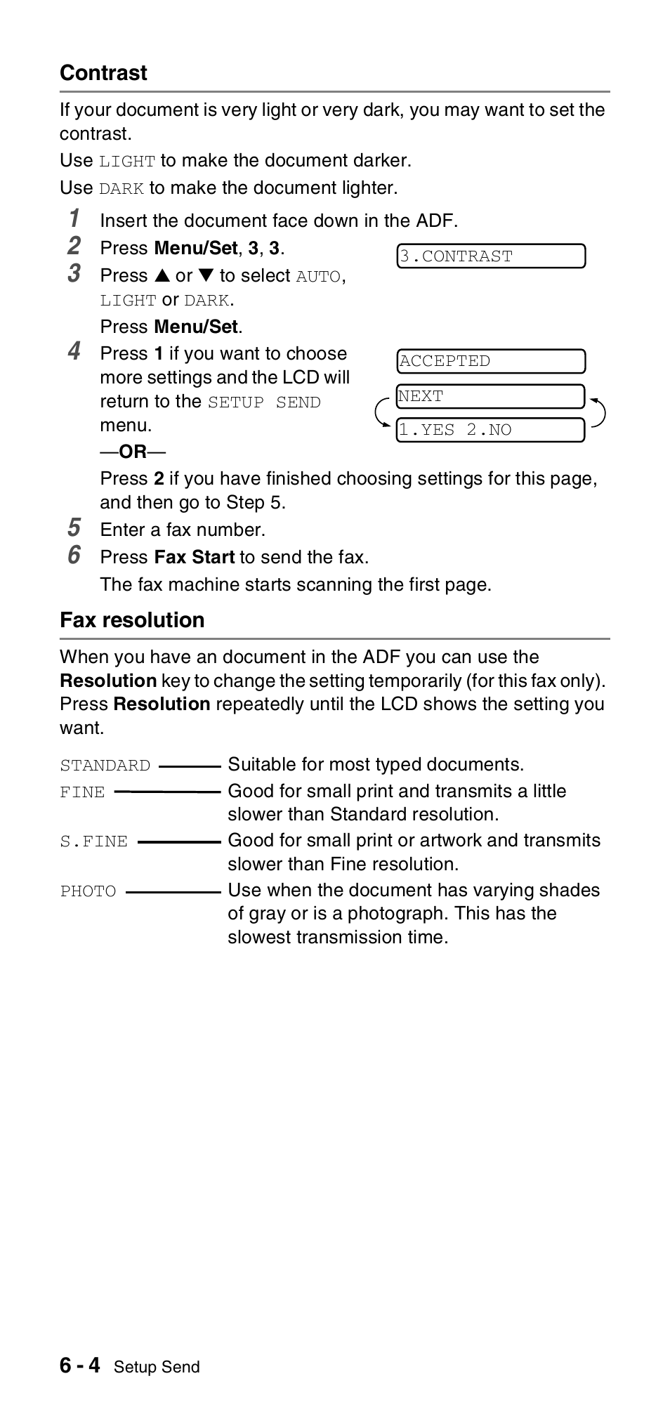 Contrast, Fax resolution, Contrast -4 fax resolution -4 | Brother FAX-T106 User Manual | Page 58 / 119