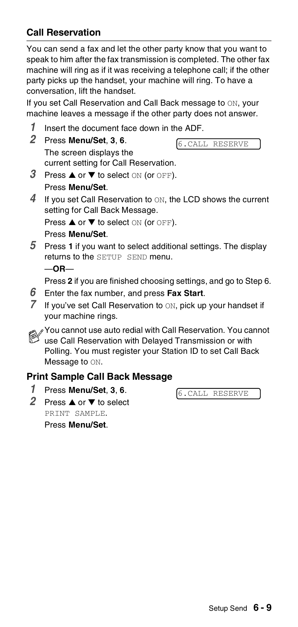 Call reservation, Call reservation -9 | Brother FAX-T106 User Manual | Page 63 / 119