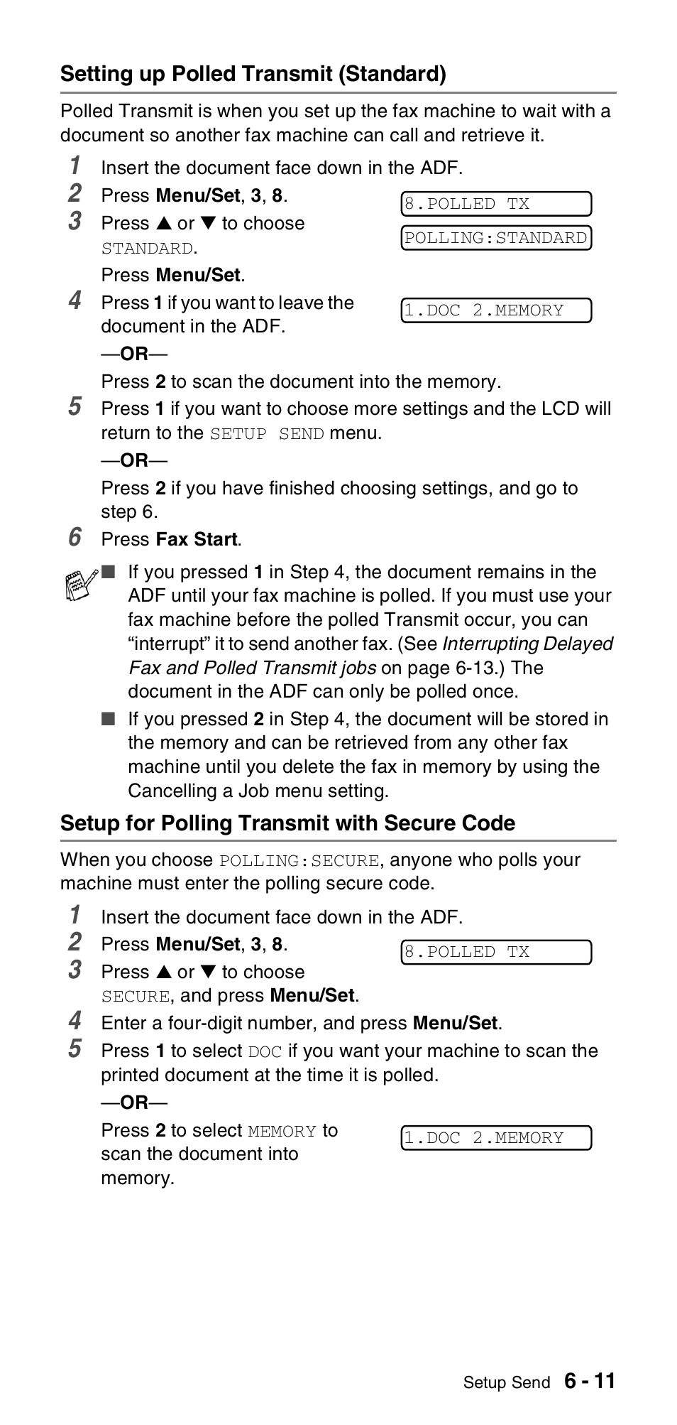 Setting up polled transmit (standard), Setup for polling transmit with secure code, Setting up polled transmit (standard) -11 | Setup for polling transmit with secure code -11 | Brother FAX-T106 User Manual | Page 65 / 119