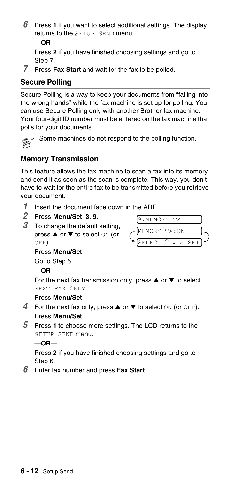 Secure polling, Memory transmission, Secure polling -12 memory transmission -12 | Brother FAX-T106 User Manual | Page 66 / 119