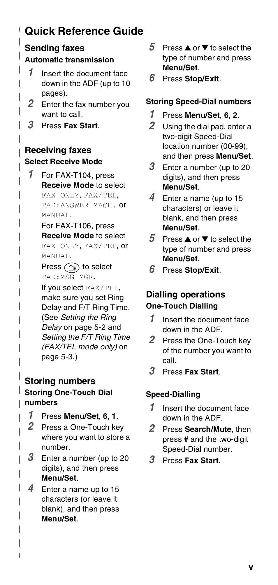 Quick reference guide | Brother FAX-T106 User Manual | Page 7 / 119