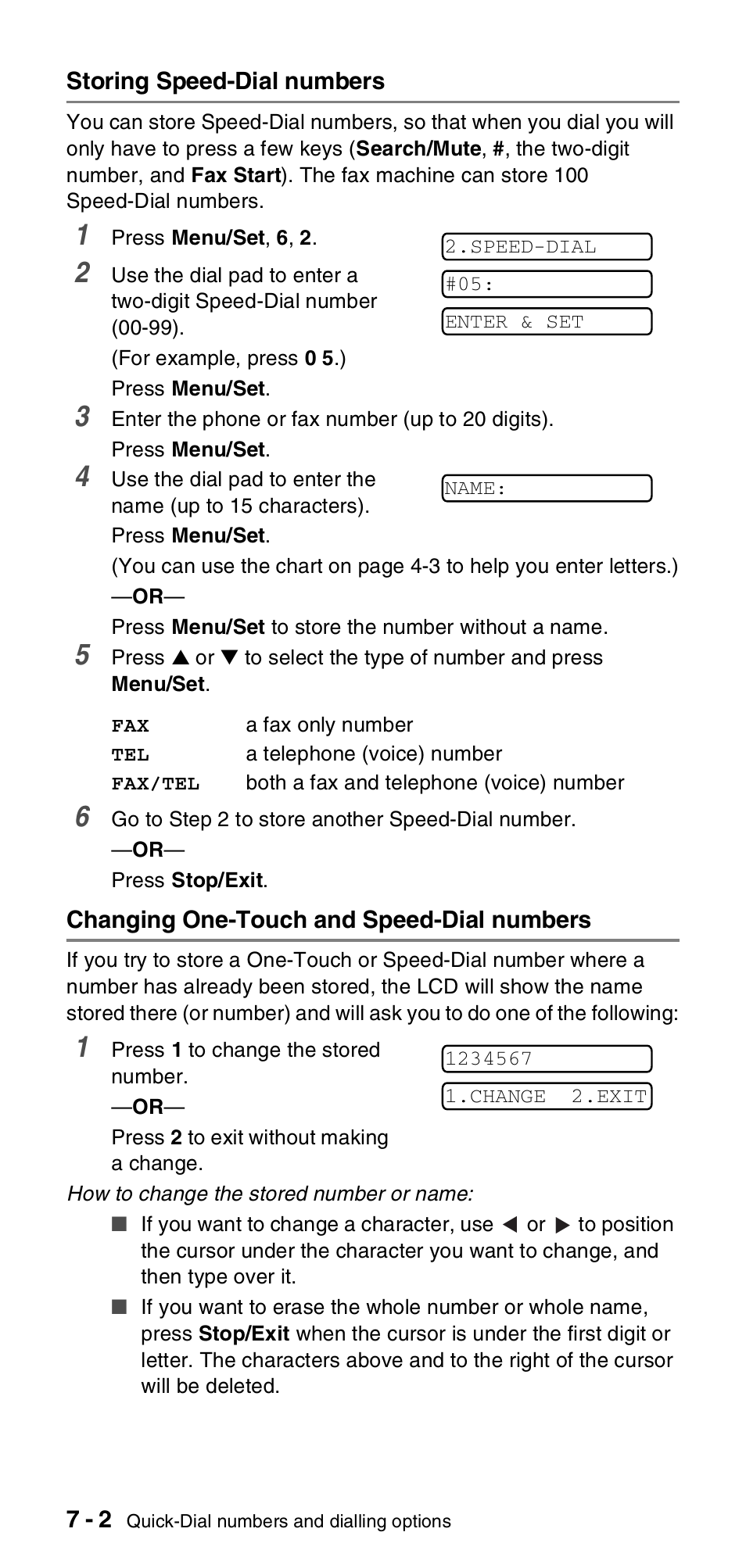 Storing speed-dial numbers, Changing one-touch and speed-dial numbers | Brother FAX-T106 User Manual | Page 70 / 119