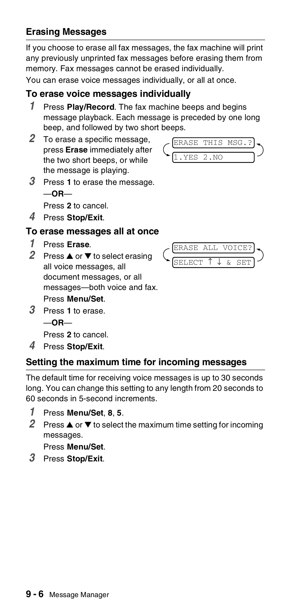 Erasing messages, Setting the maximum time for incoming messages, Erasing messages -6 | Setting the maximum time for incoming, Messages -6 | Brother FAX-T106 User Manual | Page 86 / 119