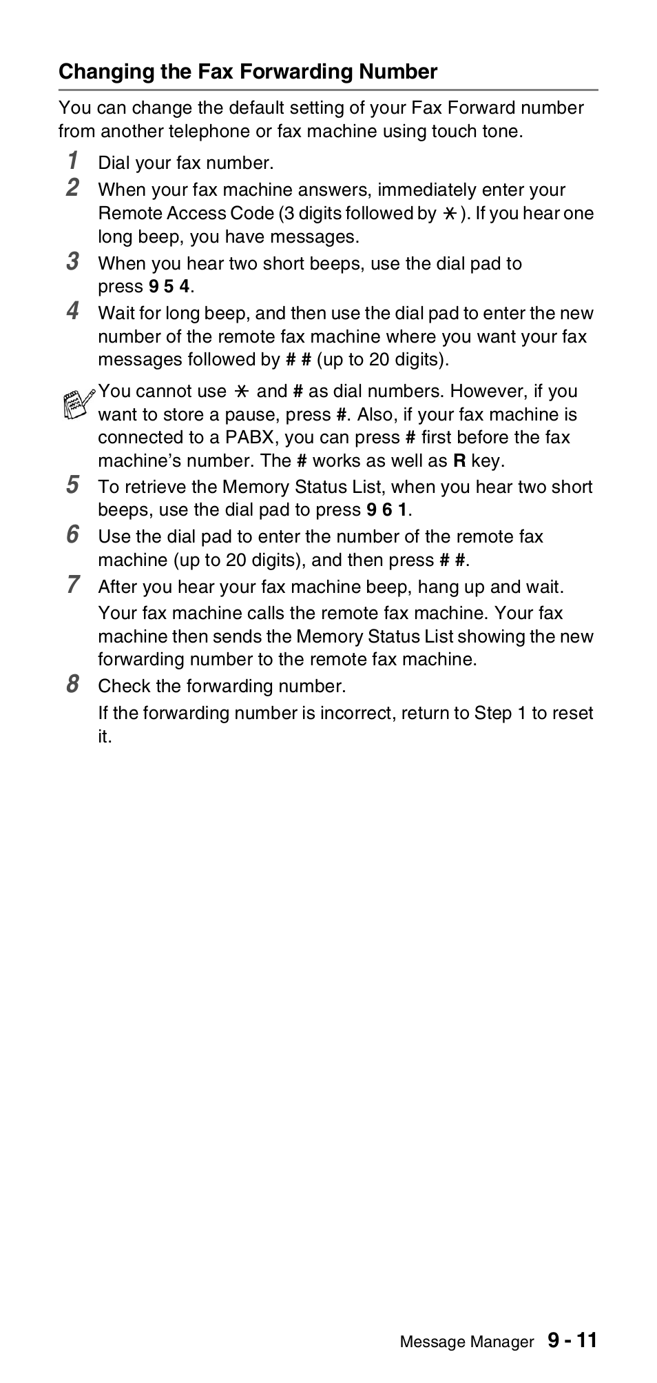 Changing the fax forwarding number, Changing the fax forwarding number -11 | Brother FAX-T106 User Manual | Page 91 / 119