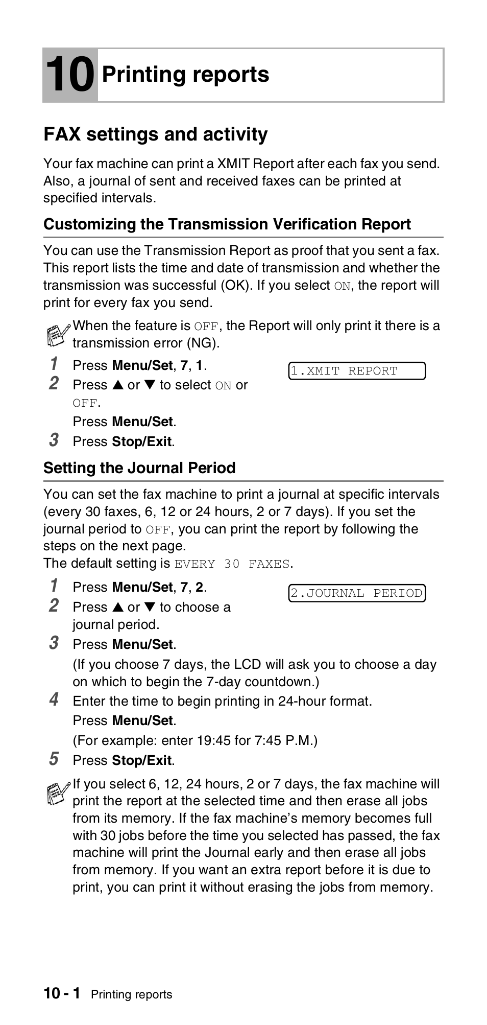 10 printing reports, Fax settings and activity, Customizing the transmission verification report | Setting the journal period, Printing reports -1, Fax settings and activity -1, Customizing the transmission verification, Report -1, Setting the journal period -1, Printing reports | Brother FAX-T106 User Manual | Page 92 / 119