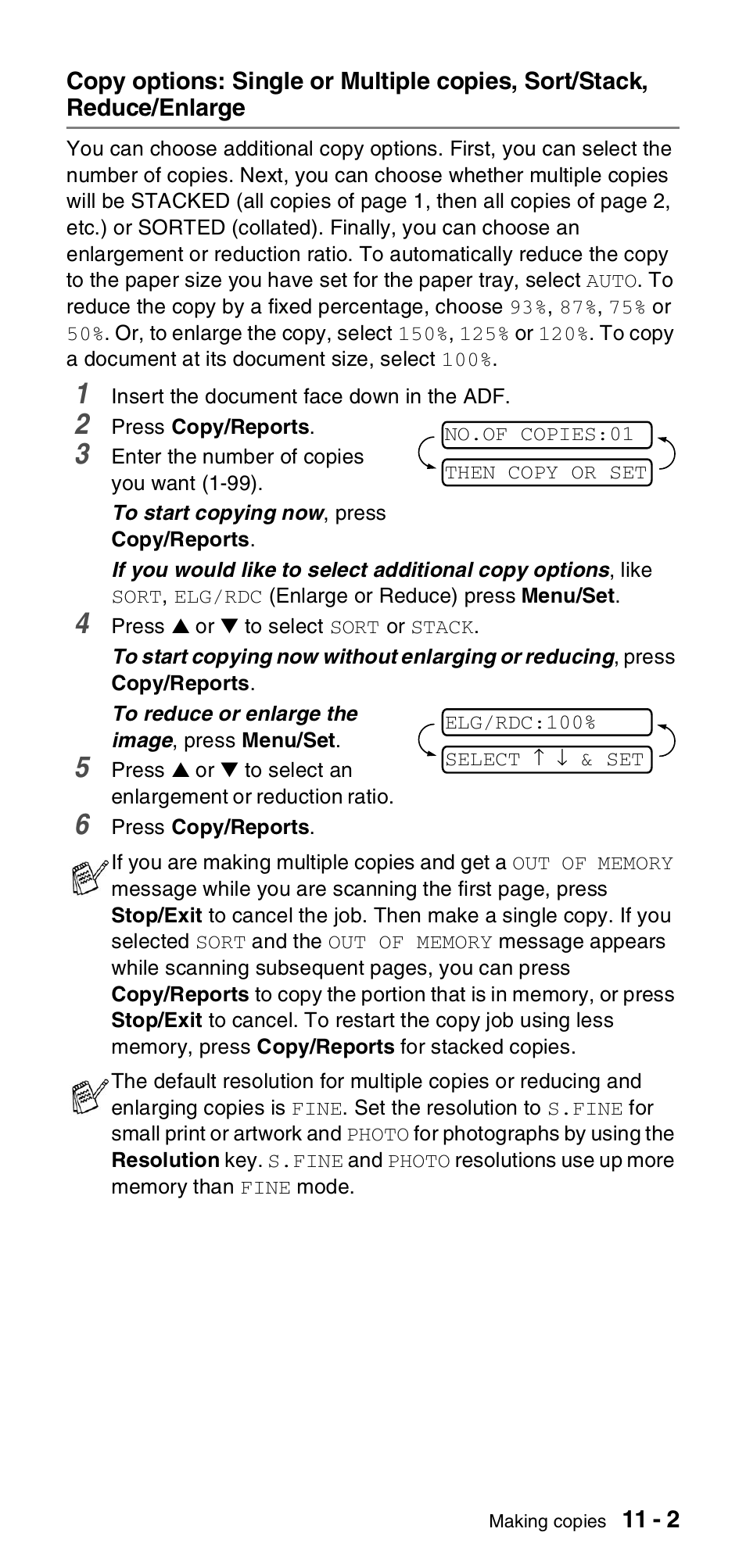 Copy options: single or multiple copies, Sort/stack, reduce/enlarge -2 | Brother FAX-T106 User Manual | Page 95 / 119