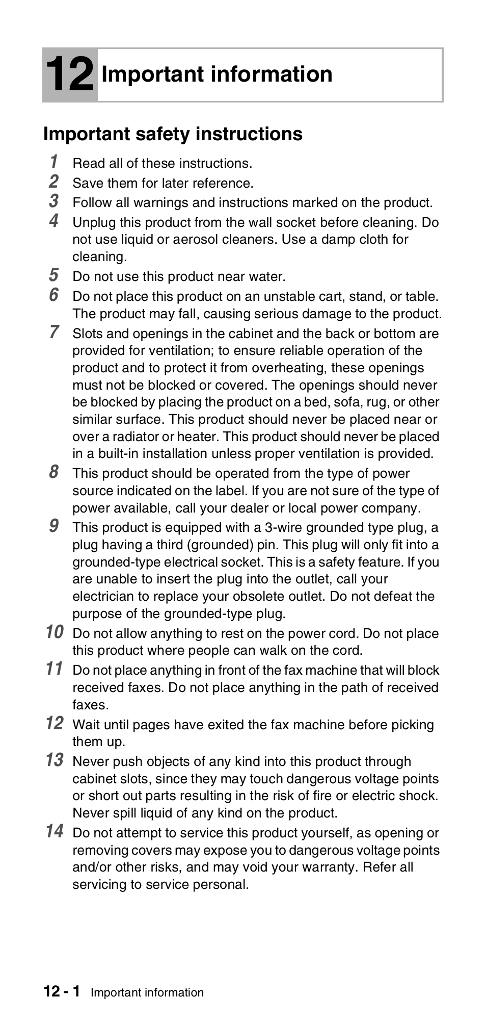 12 important information, Important safety instructions, Important information -1 | Important safety instructions -1, Important information | Brother FAX-T106 User Manual | Page 96 / 119