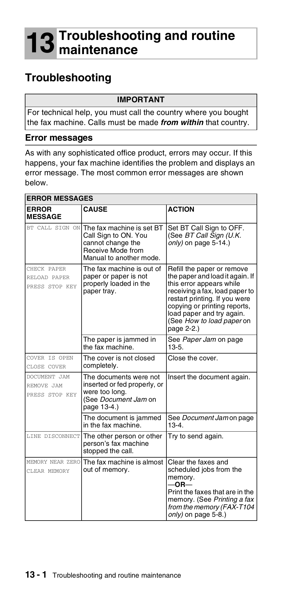 13 troubleshooting and routine maintenance, Troubleshooting, Error messages | Troubleshooting and routine maintenance -1, Troubleshooting -1, Error messages -1, Troubleshooting and routine maintenance | Brother FAX-T106 User Manual | Page 98 / 119