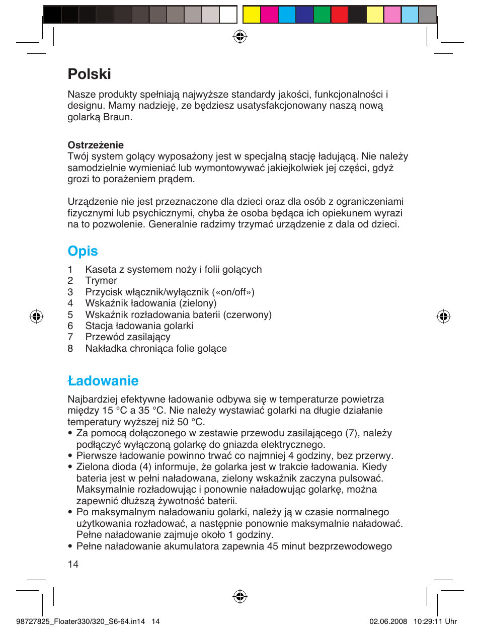 Polski, Opis, Ładowanie | Braun 330-5776 Series 3 User Manual | Page 13 / 58