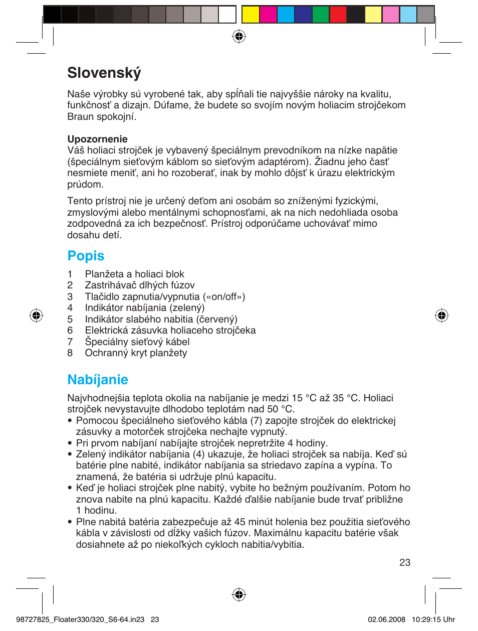 Slovenský, Popis, Nabíjanie | Braun 330-5776 Series 3 User Manual | Page 22 / 58