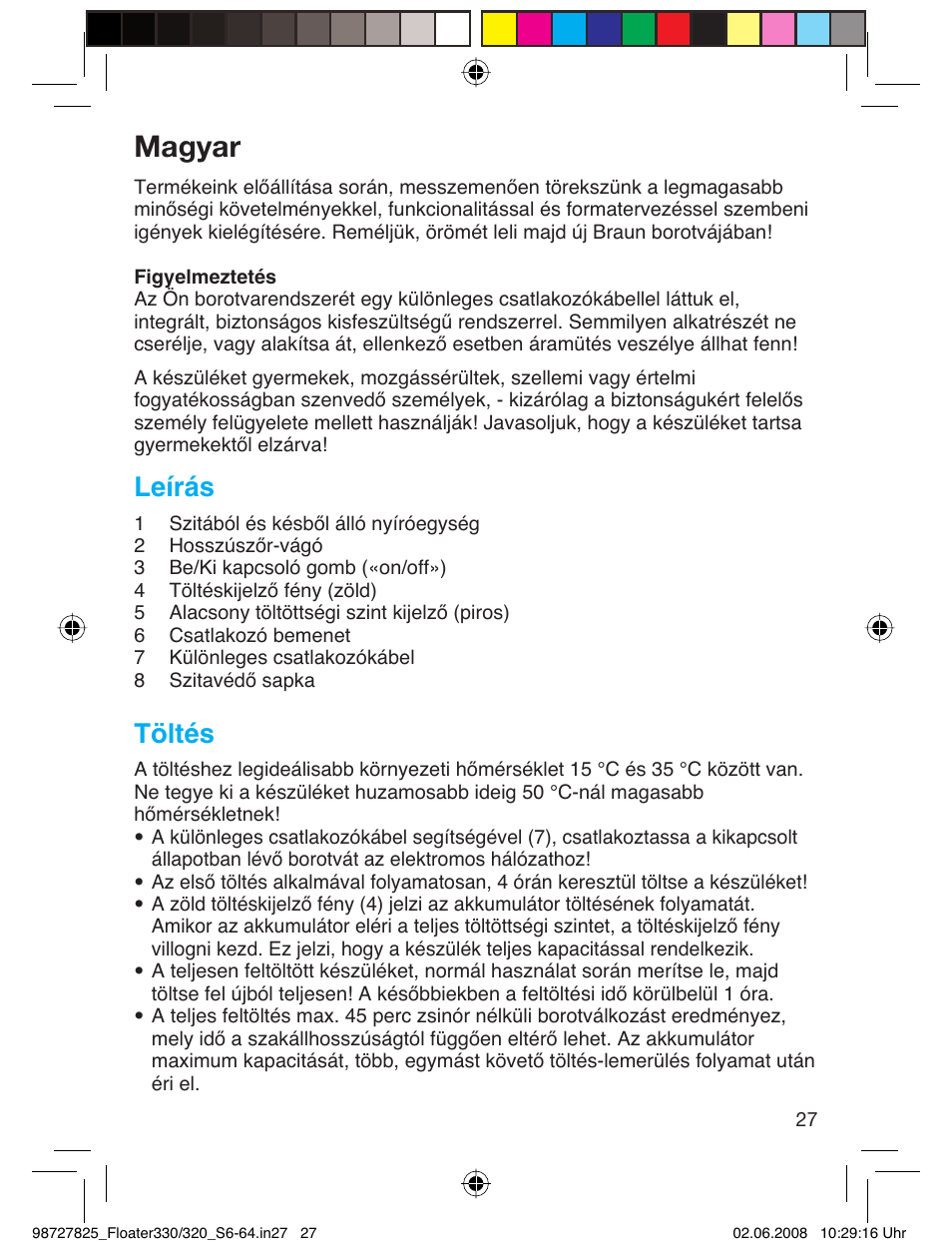 Magyar, Leírás, Töltés | Braun 330-5776 Series 3 User Manual | Page 26 / 58