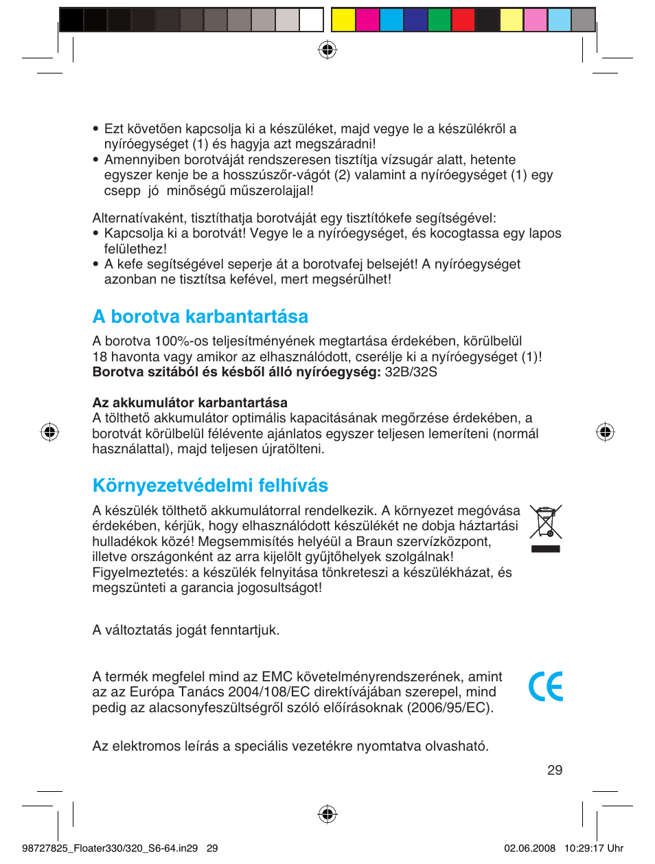 A borotva karbantartása, Környezetvédelmi felhívás | Braun 330-5776 Series 3 User Manual | Page 28 / 58