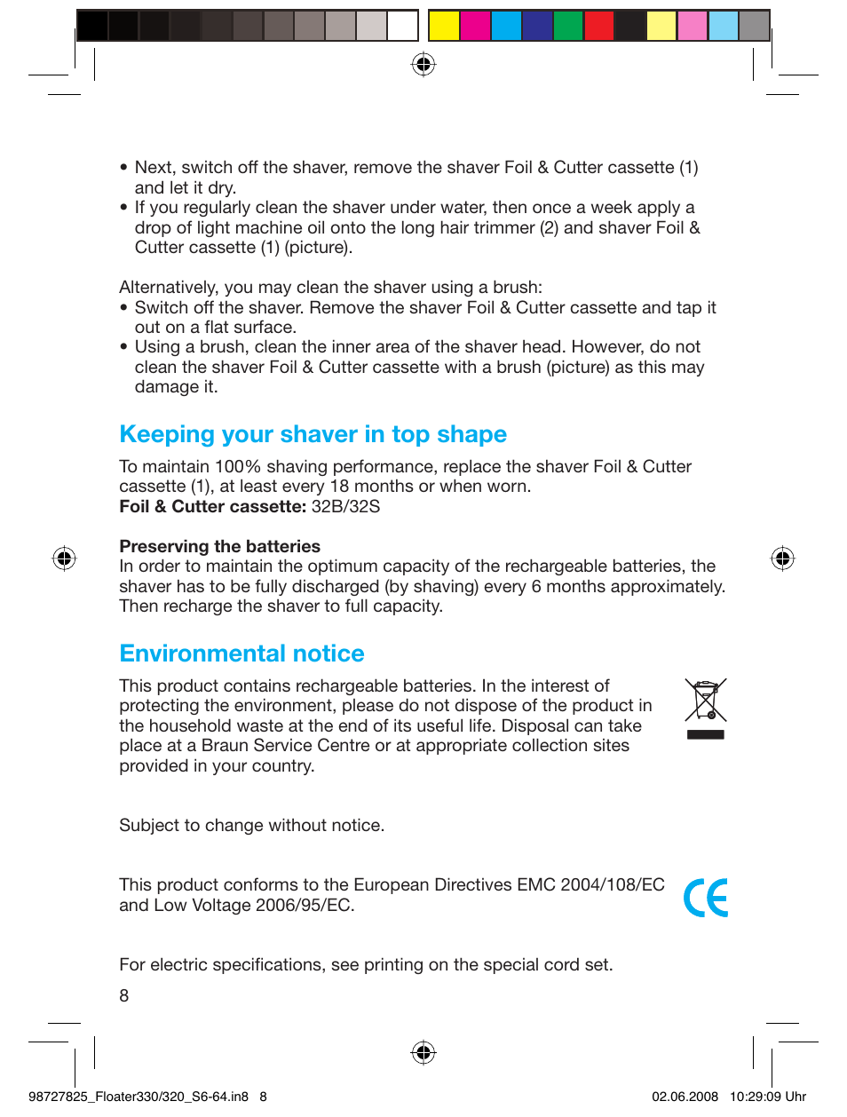 Keeping your shaver in top shape, Environmental notice | Braun 330-5776 Series 3 User Manual | Page 7 / 58
