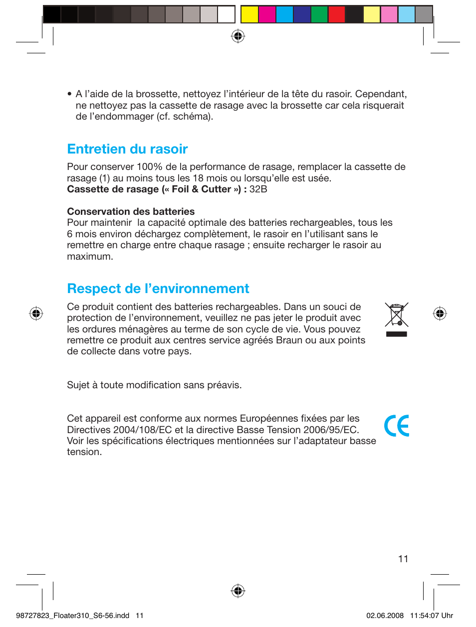 Entretien du rasoir, Respect de l’environnement | Braun 310 Series 3 User Manual | Page 10 / 51