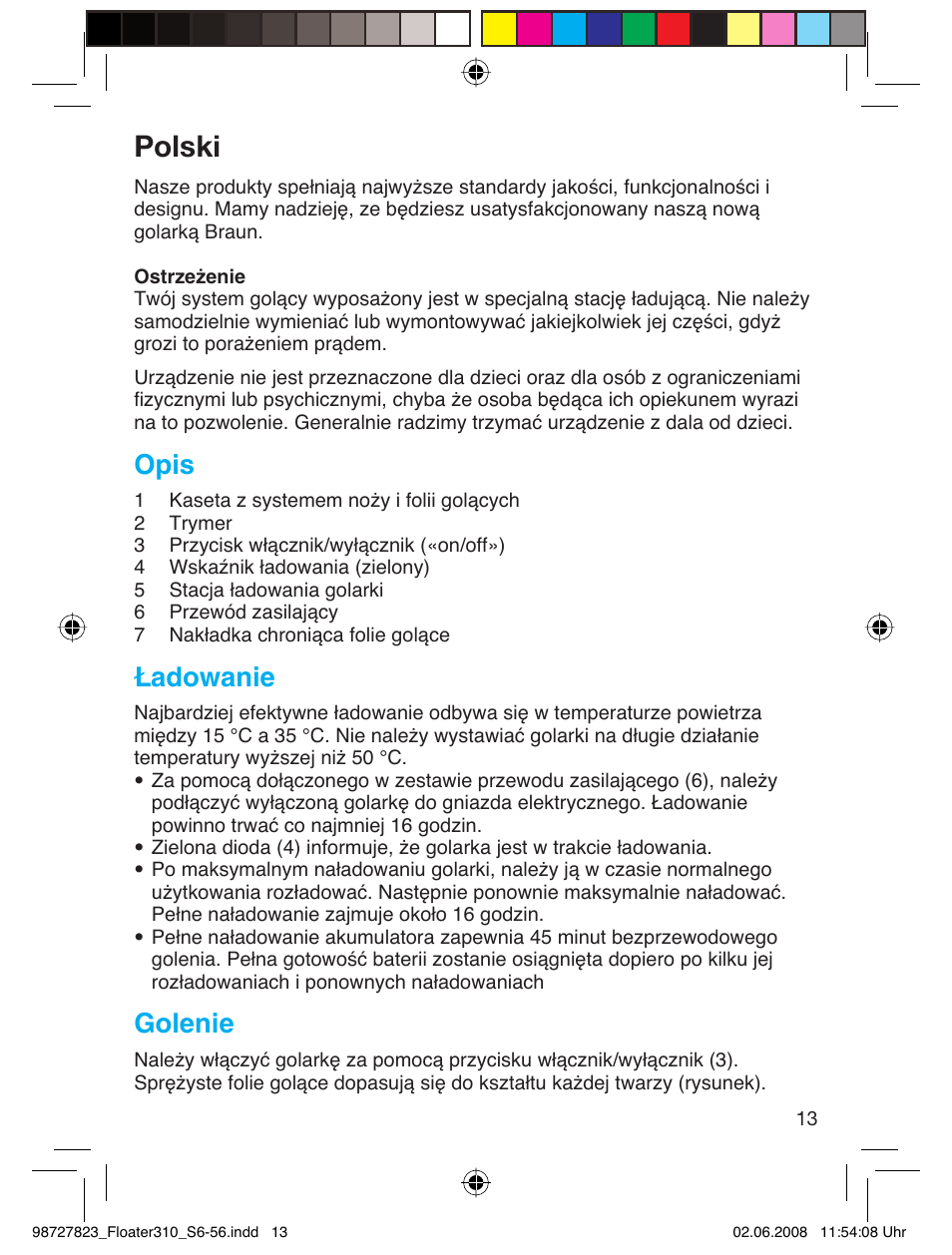 Polski, Opis, Ładowanie | Golenie | Braun 310 Series 3 User Manual | Page 12 / 51