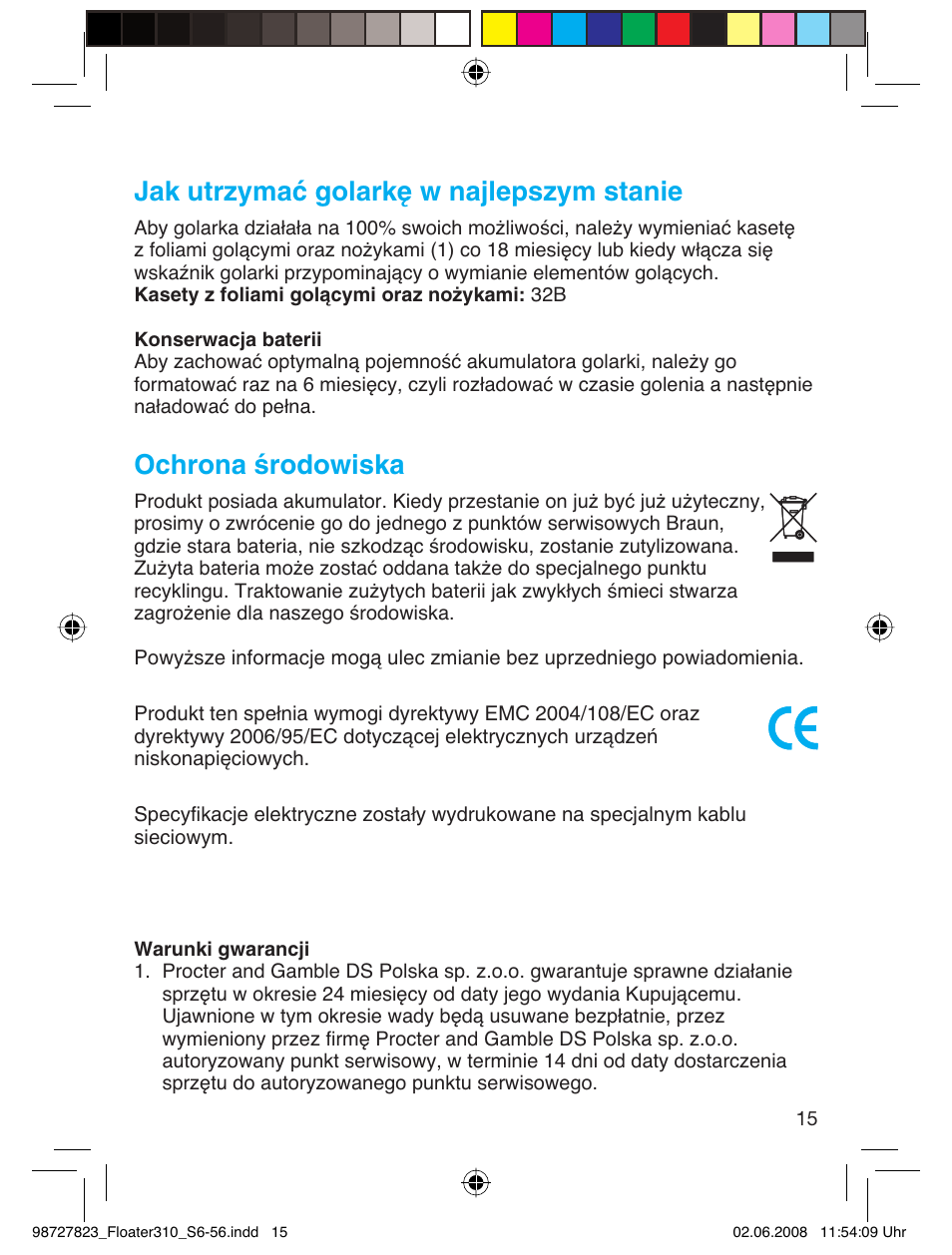 Jak utrzymać golarkę w najlepszym stanie, Ochrona środowiska | Braun 310 Series 3 User Manual | Page 14 / 51