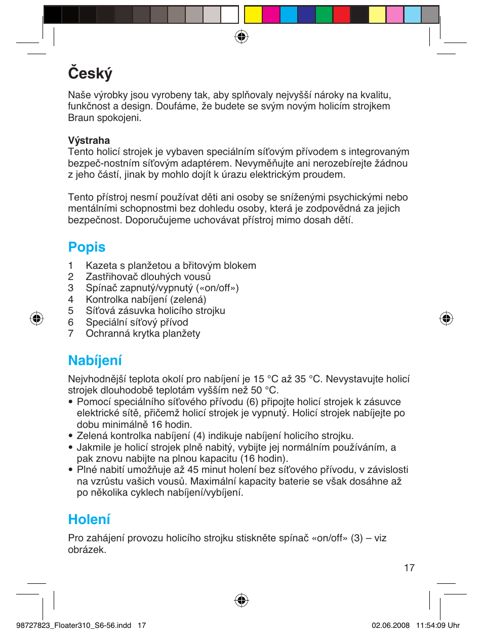 Český, Popis, Nabíjení | Holení | Braun 310 Series 3 User Manual | Page 16 / 51