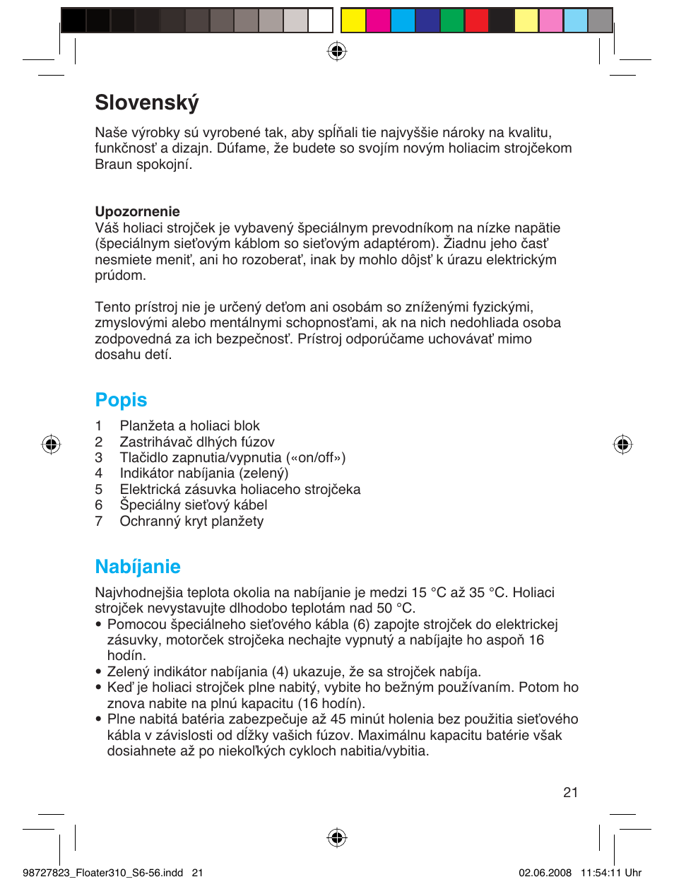 Slovenský, Popis, Nabíjanie | Braun 310 Series 3 User Manual | Page 20 / 51