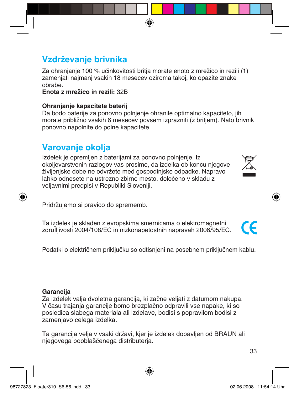 Vzdrževanje brivnika, Varovanje okolja | Braun 310 Series 3 User Manual | Page 32 / 51