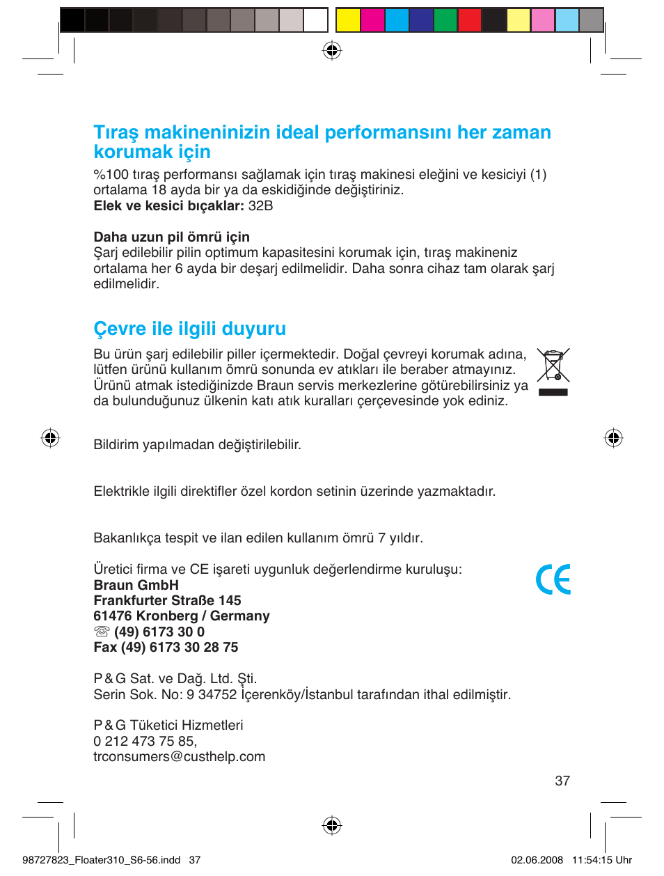 Çevre ile ilgili duyuru | Braun 310 Series 3 User Manual | Page 36 / 51