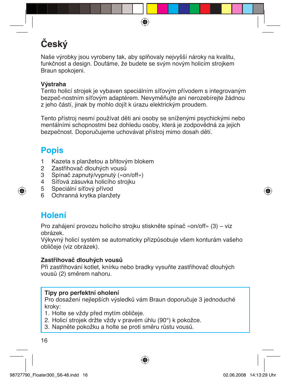 Český, Popis, Holení | Braun 300 Series 3  RU User Manual | Page 15 / 45