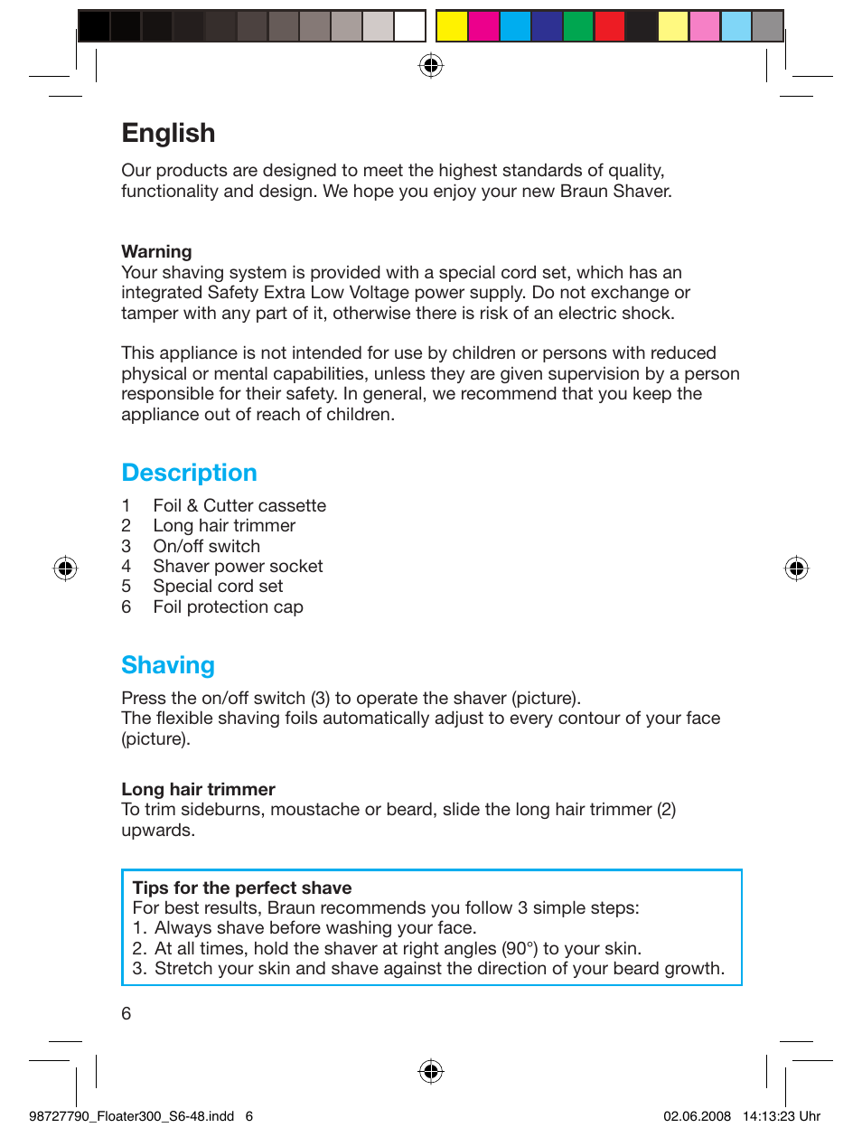 English, Description, Shaving | Braun 300 Series 3  RU User Manual | Page 5 / 45