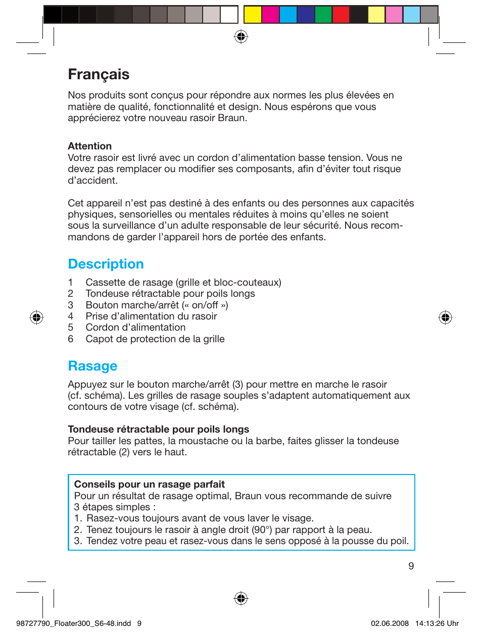 Français, Description, Rasage | Braun 300 Series 3  RU User Manual | Page 8 / 45