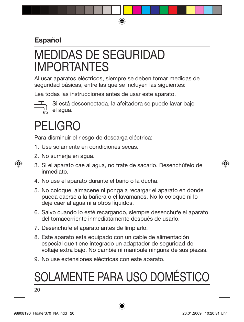 Medidas de seguridad importantes, Peligro, Solamente para uso doméstico | Braun 360 Series 3 User Manual | Page 19 / 25