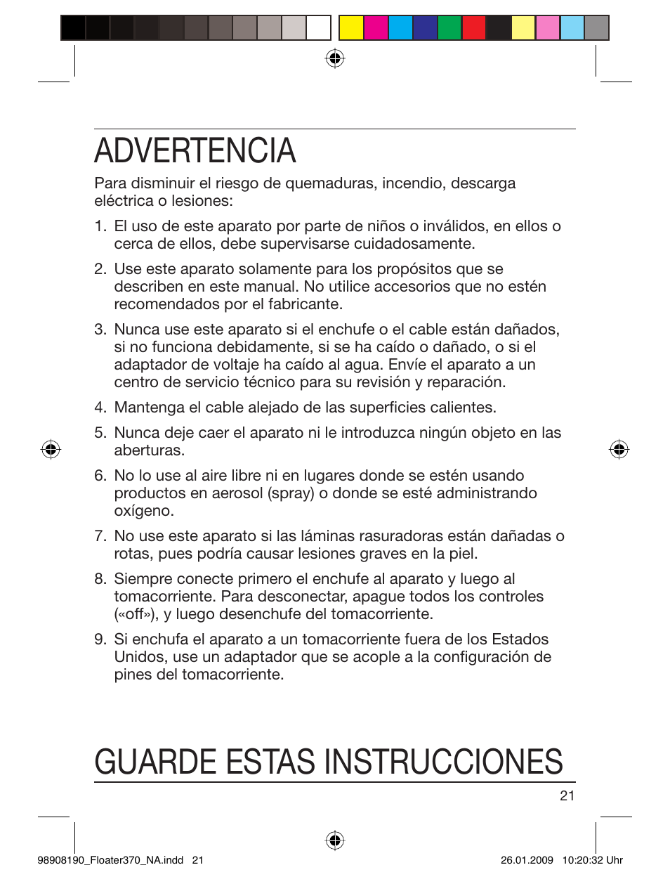 Advertencia, Guarde estas instrucciones | Braun 360 Series 3 User Manual | Page 20 / 25