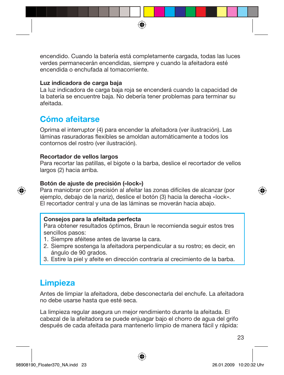 Cómo afeitarse, Limpieza | Braun 360 Series 3 User Manual | Page 22 / 25