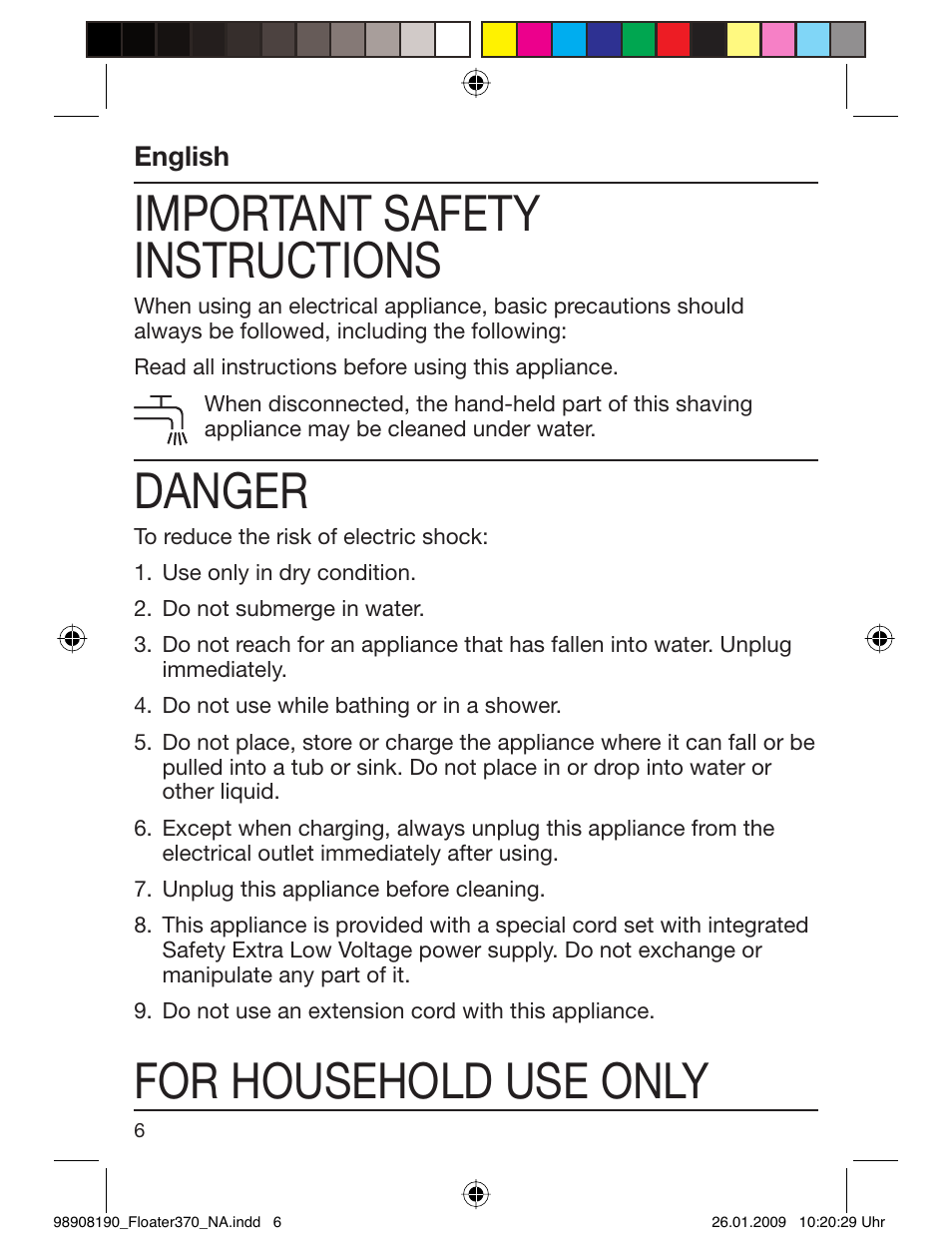 Important safety instructions, Danger, For household use only | Braun 360 Series 3 User Manual | Page 5 / 25