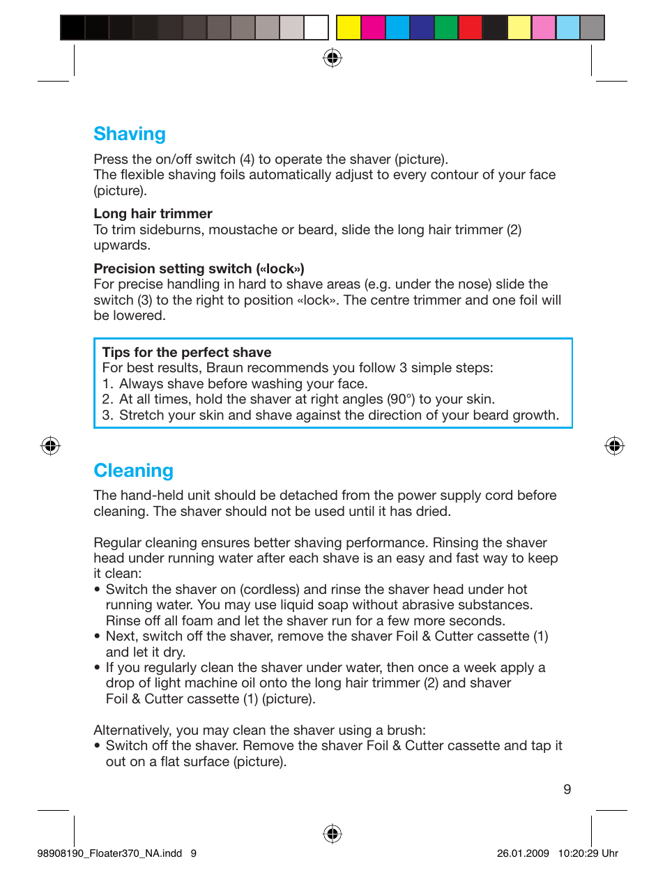 Shaving, Cleaning | Braun 360 Series 3 User Manual | Page 8 / 25