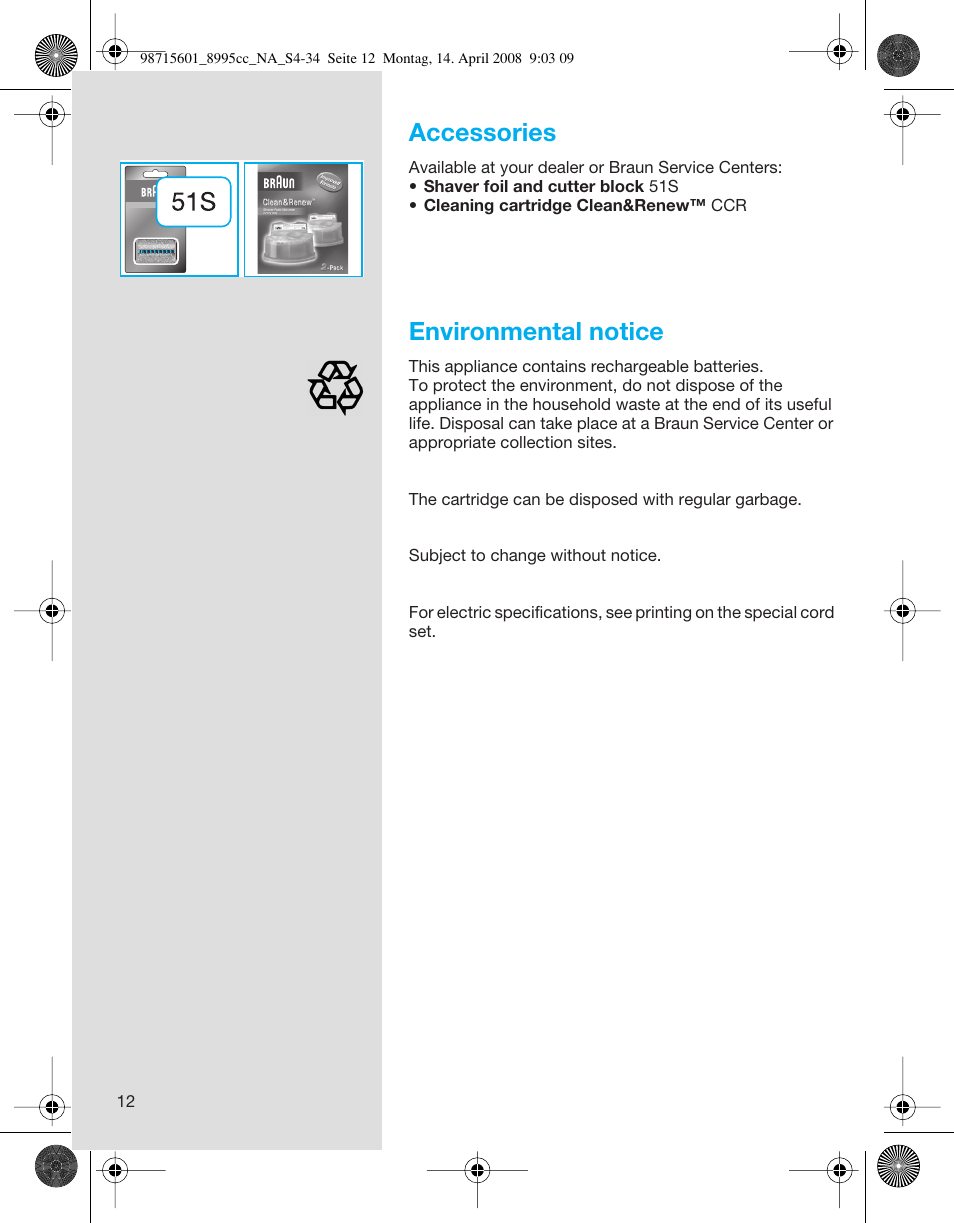 Accessories, Environmental notice | Braun 8995 Series 5 User Manual | Page 12 / 34